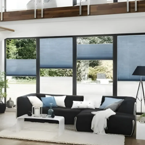 Lumi Cel honeycomb blinds in a double volume lounge