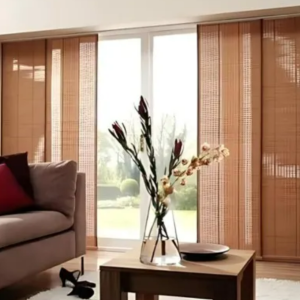 Woven wood panel blinds on a sliding door
