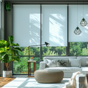 White sunscreen roller blinds in a bright living room